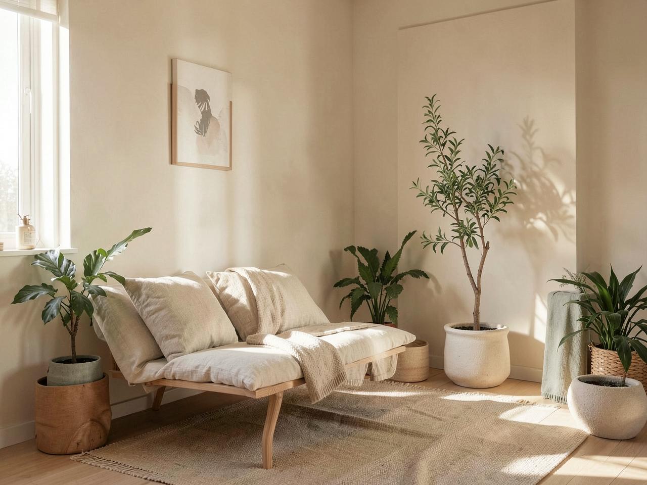 Sala de terapia acolhedora com plantas e luz natural